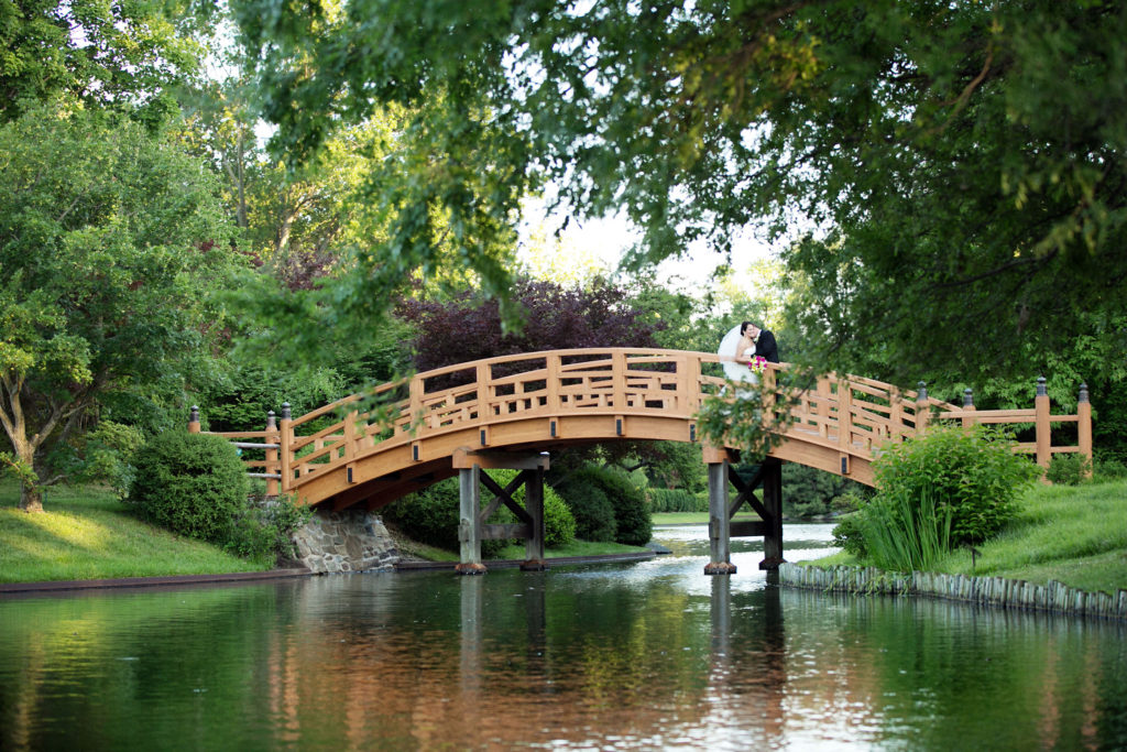 Wedding couple on bridge at Japanese Garden at the Missouri Botanical Garden